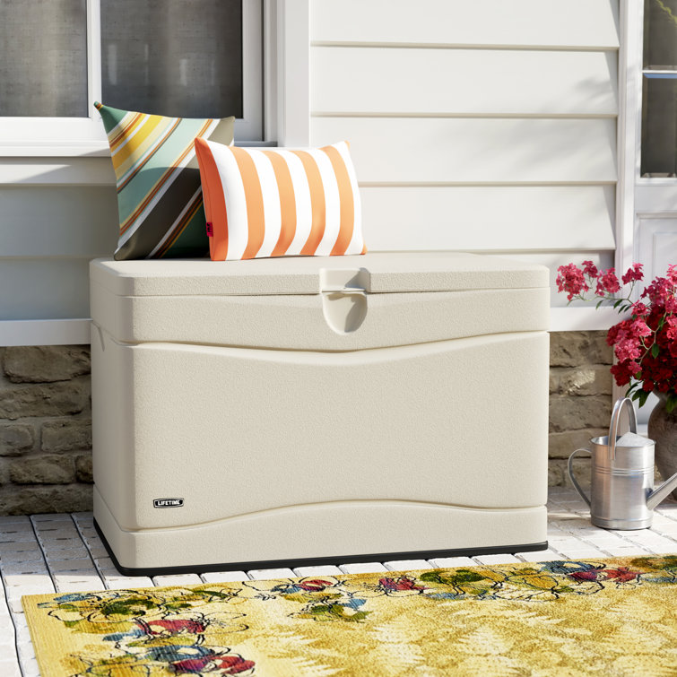 Lifetime 80 Gallons Gallon Water Resistant Plastic Lockable Deck Box in Desert Sand & Reviews